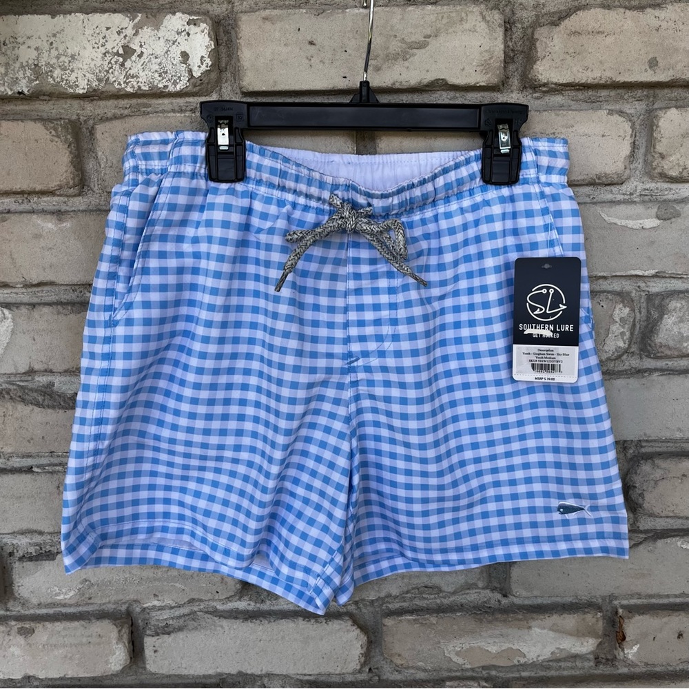 Southern Lure gingham blue/ white boys swimming trunks NWT
